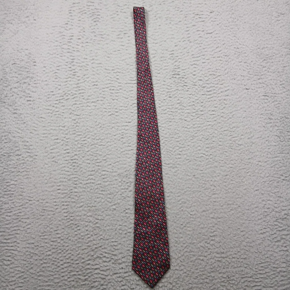 Robert Stock‎ Tie Mens One Size Black Red Geometric Pattern 100% Silk Handmade